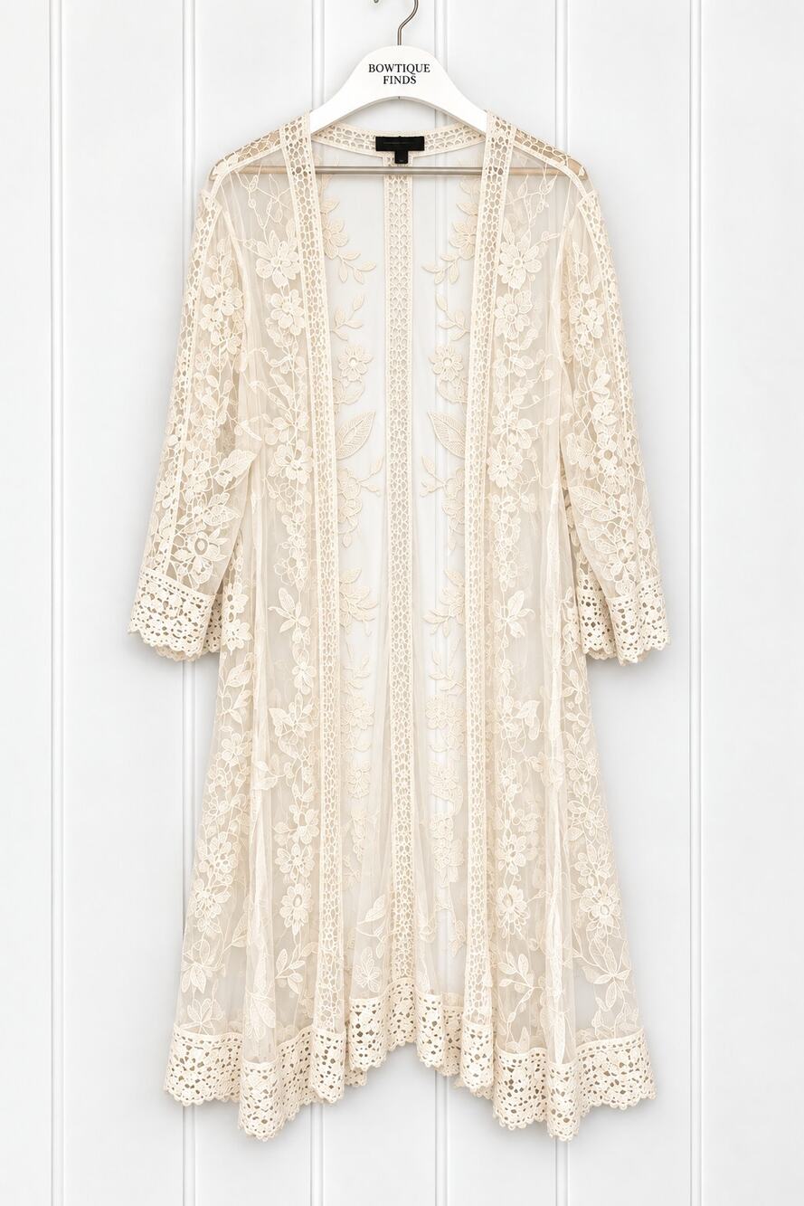 Lane Bryant Ivory Embroidered Lace Kimono Duster 26/28 Sheer Floral Plus